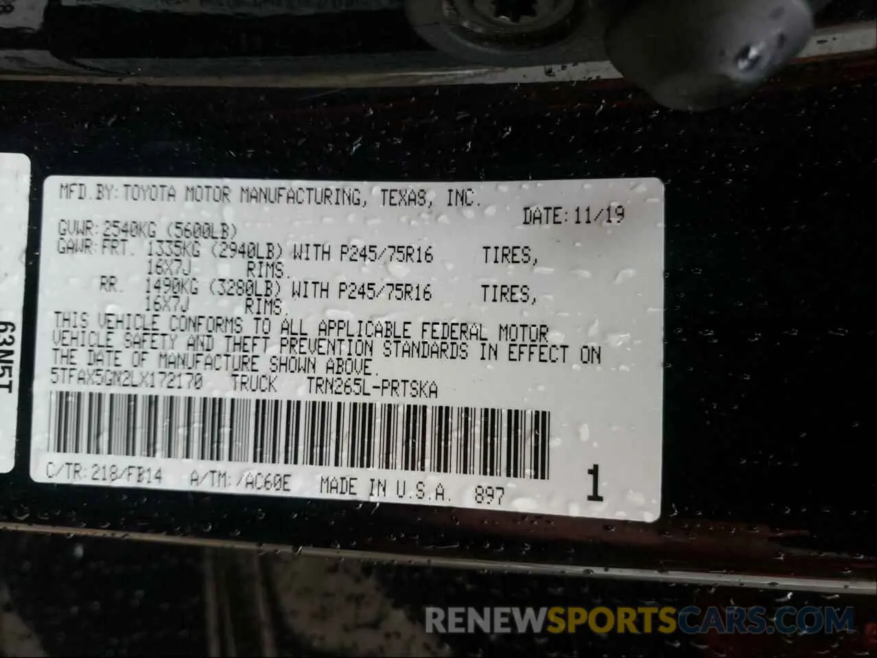 10 fotografías del automóvil dañado 5TFAX5GN2LX172170 TOYOTA TACOMA 2020