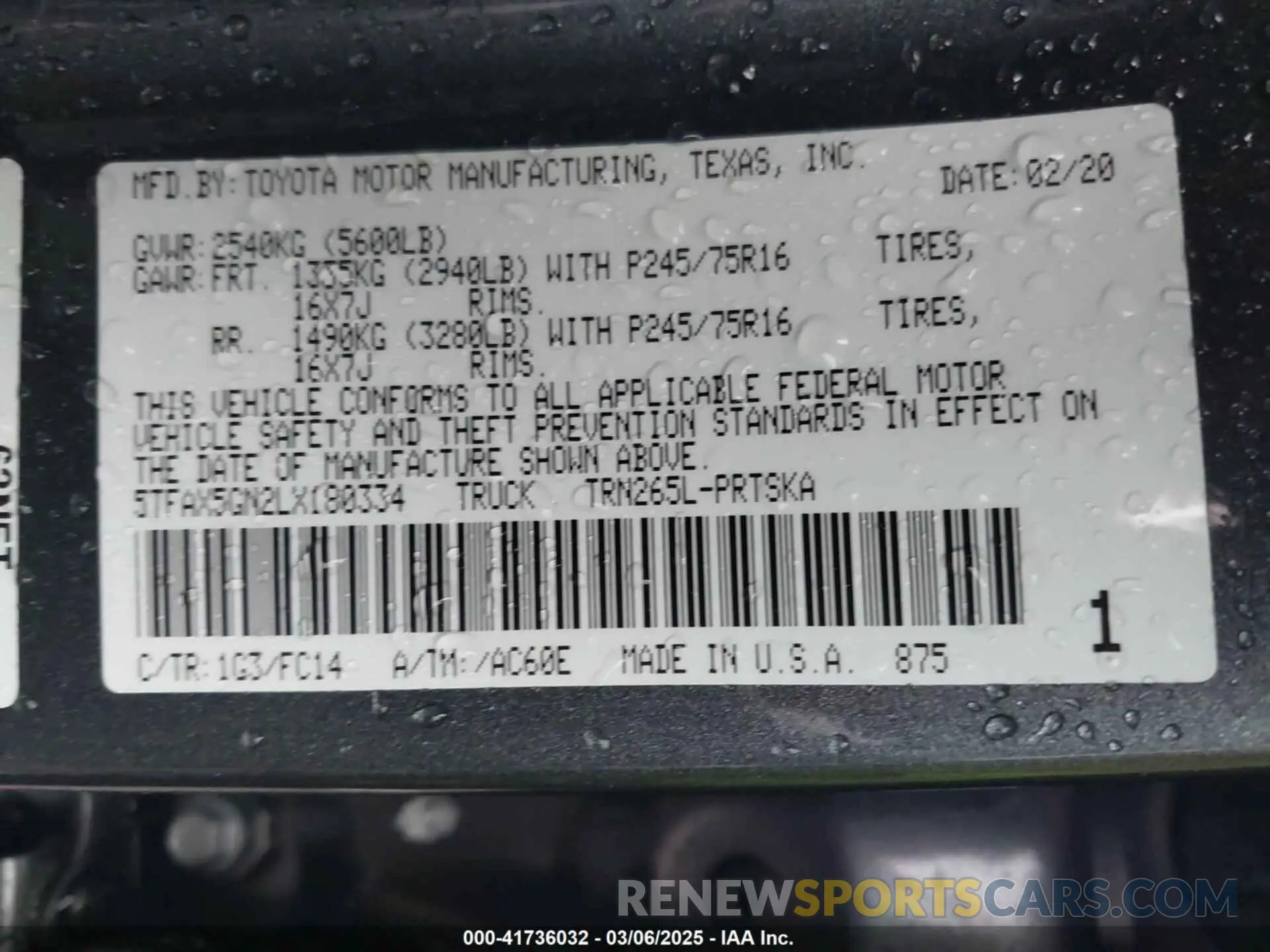 9 fotografías del automóvil dañado 5TFAX5GN2LX180334 TOYOTA TACOMA 2020