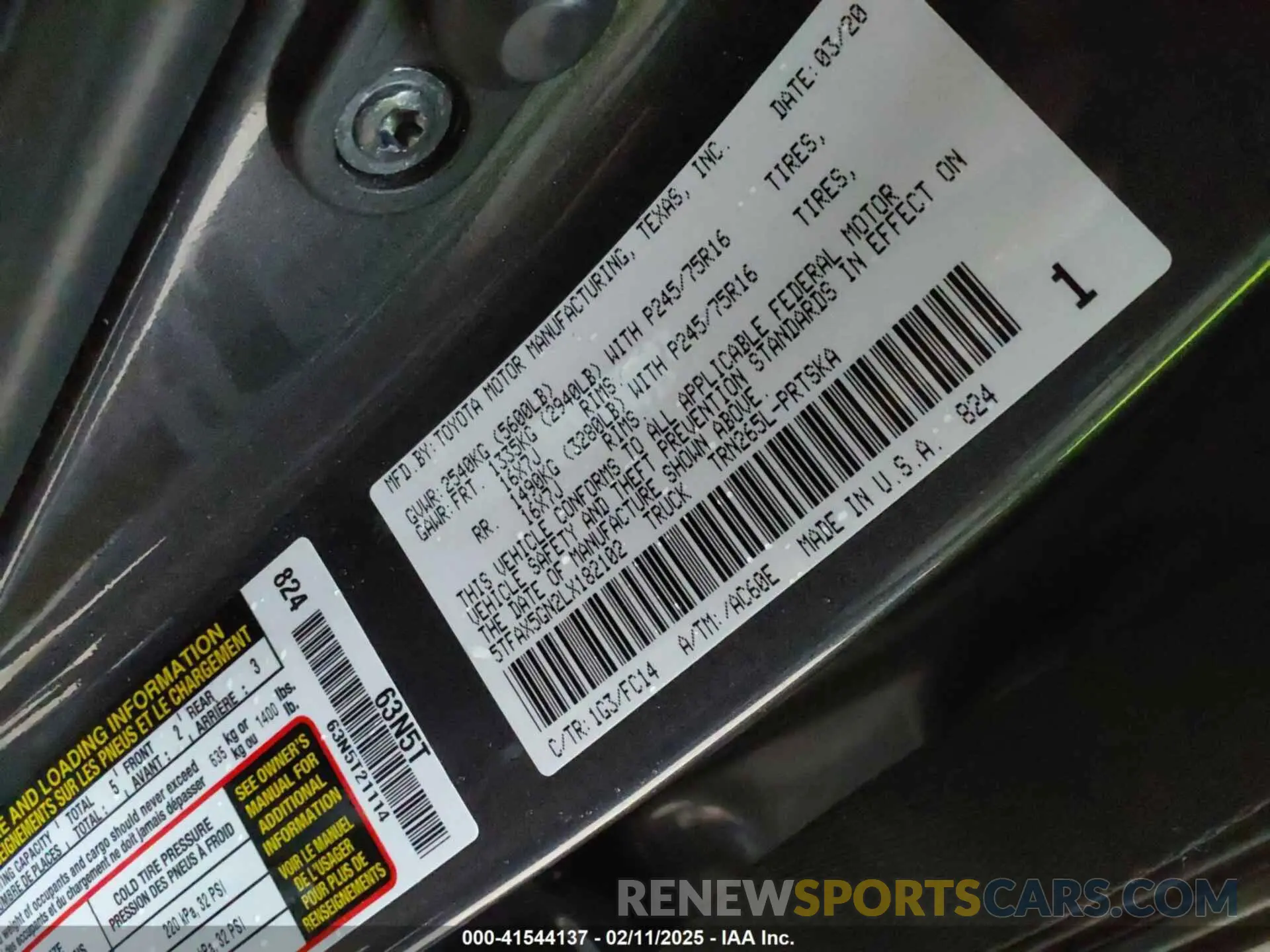 9 fotografías del automóvil dañado 5TFAX5GN2LX182102 TOYOTA TACOMA 2020