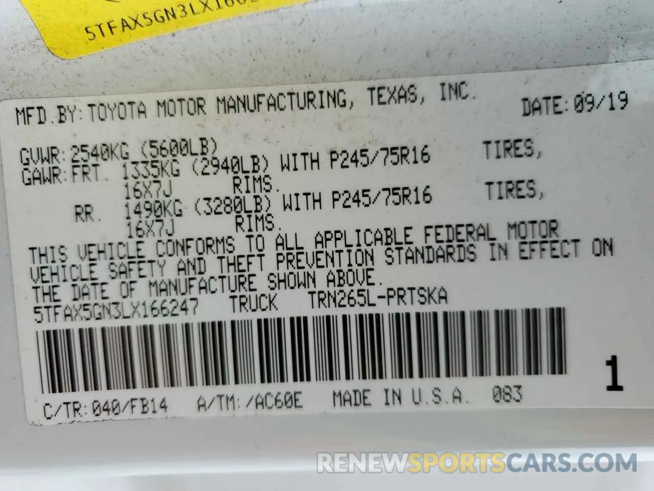 14 fotografías del automóvil dañado 5TFAX5GN3LX166247 TOYOTA TACOMA 2020