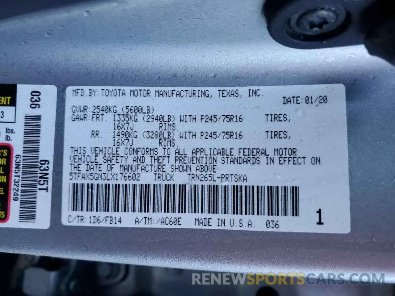 12 fotografías del automóvil dañado 5TFAX5GN3LX176602 TOYOTA TACOMA 2020