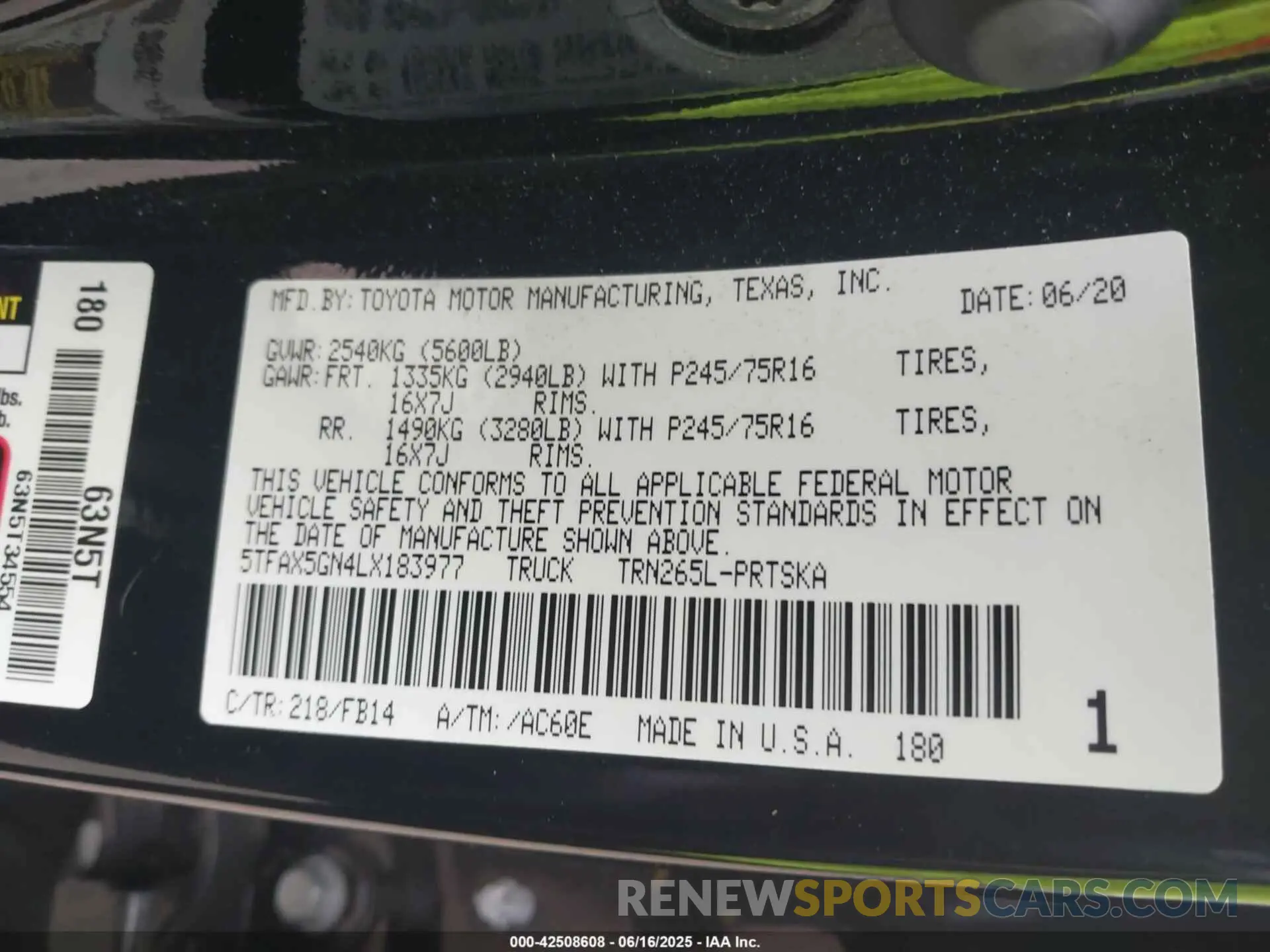9 fotografías del automóvil dañado 5TFAX5GN4LX183977 TOYOTA TACOMA 2020