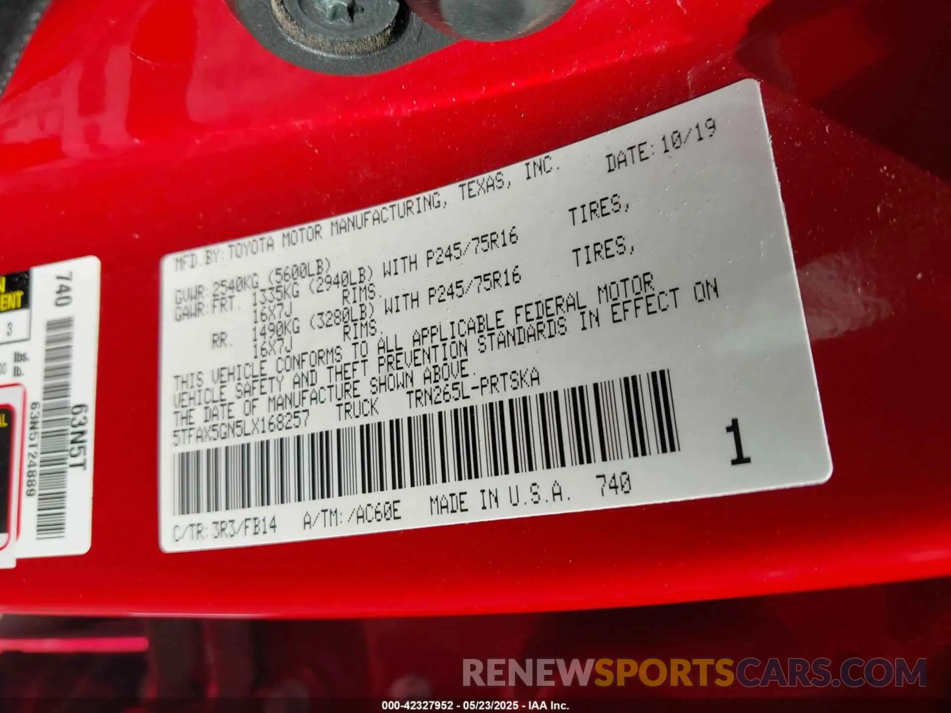 9 fotografías del automóvil dañado 5TFAX5GN5LX168257 TOYOTA TACOMA 2020