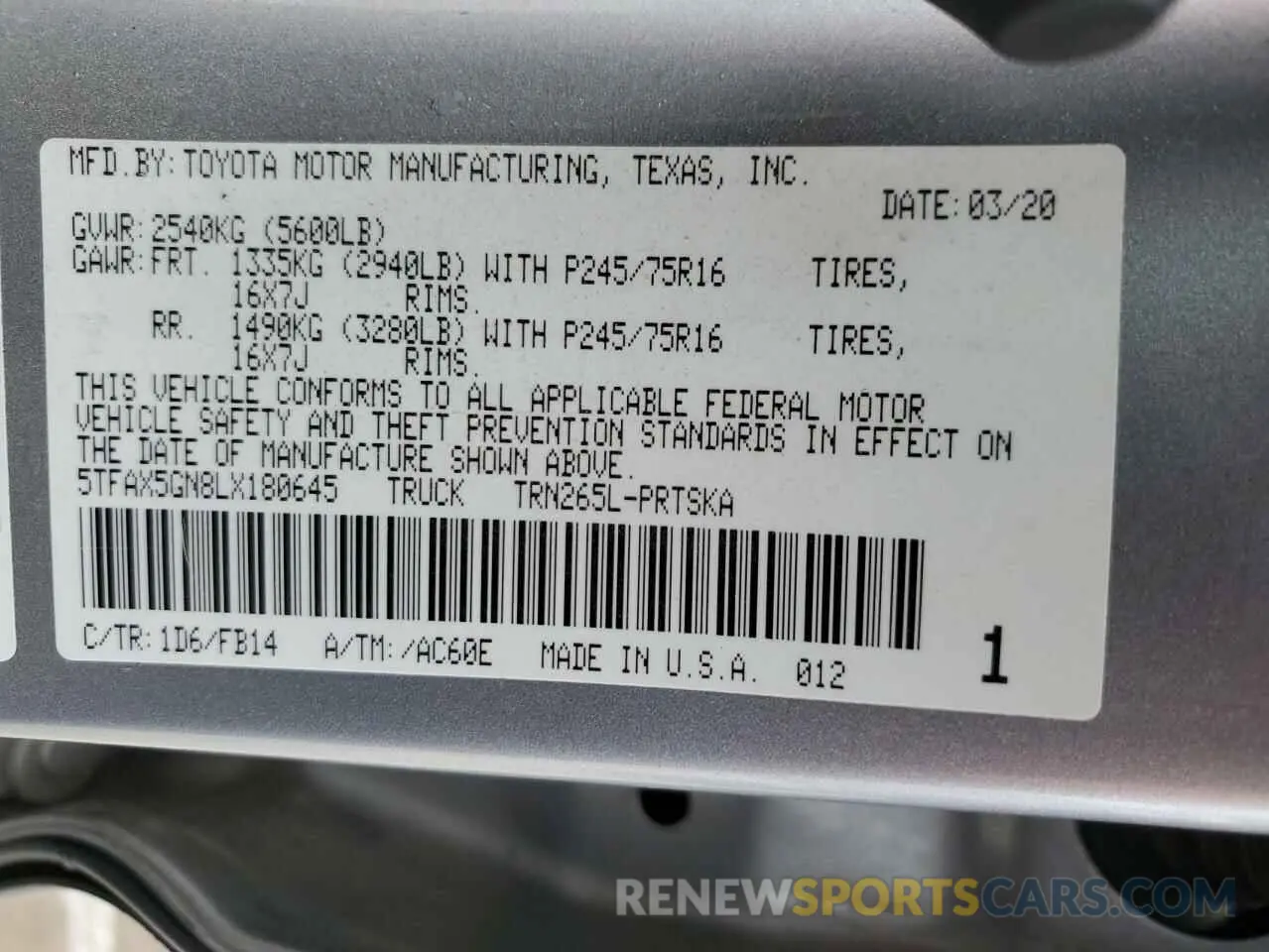 12 fotografías del automóvil dañado 5TFAX5GN8LX180645 TOYOTA TACOMA 2020