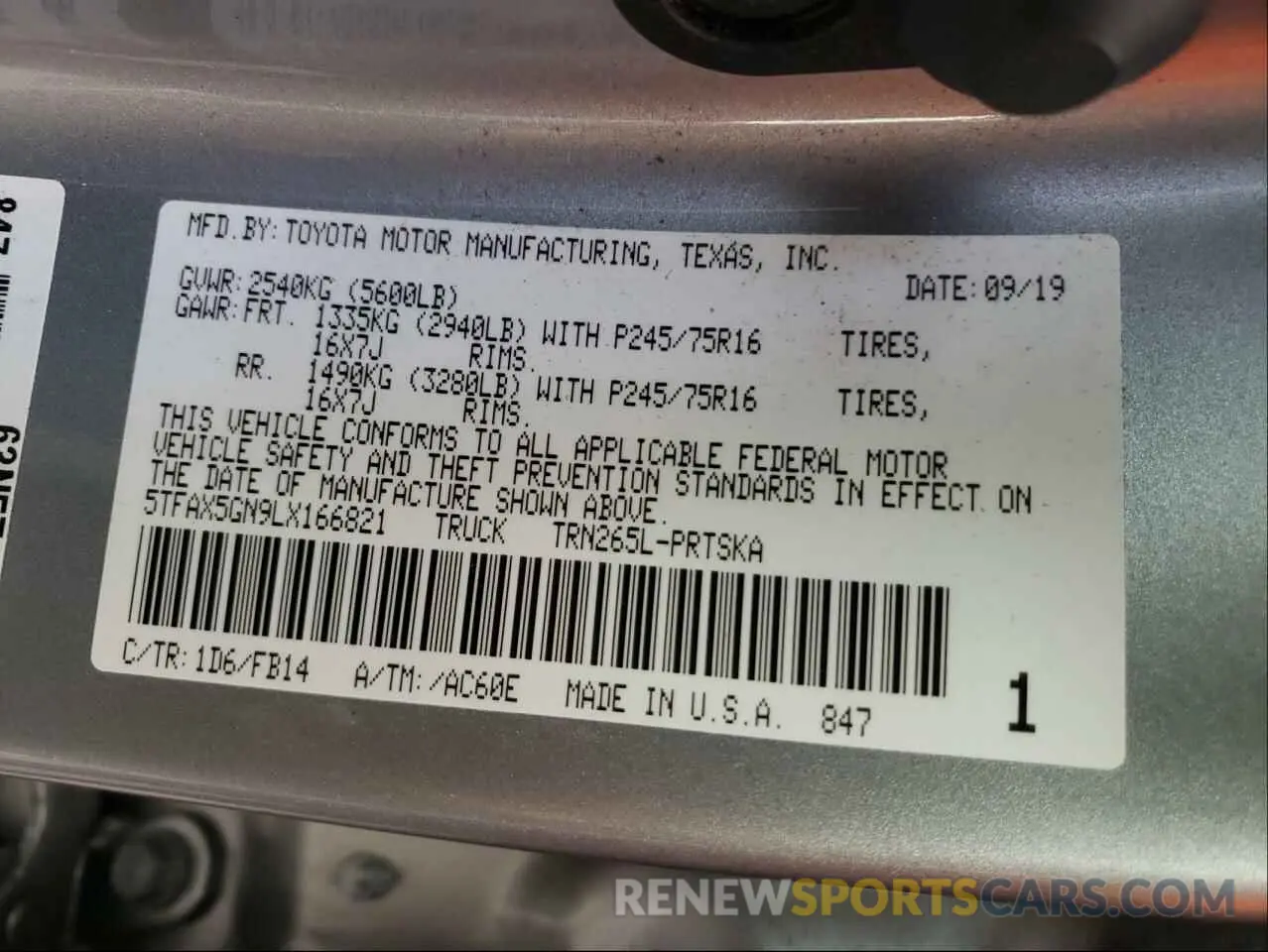 10 fotografías del automóvil dañado 5TFAX5GN9LX166821 TOYOTA TACOMA 2020