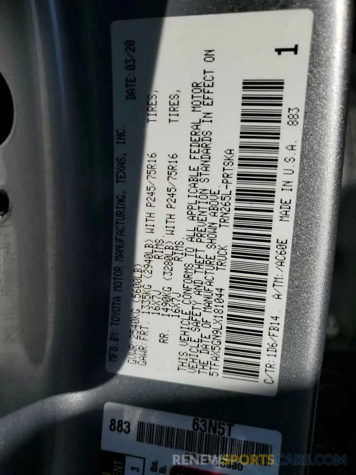13 fotografías del automóvil dañado 5TFAX5GN9LX181044 TOYOTA TACOMA 2020