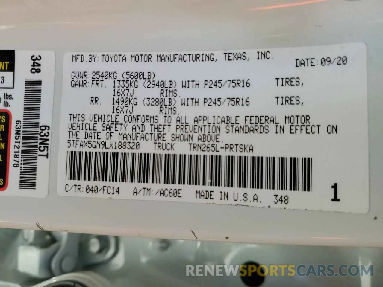 13 fotografías del automóvil dañado 5TFAX5GN9LX188320 TOYOTA TACOMA 2020