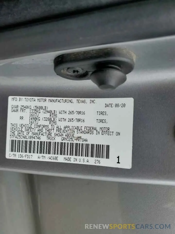 12 fotografías del automóvil dañado 5TFAZ5CN0LX094746 TOYOTA TACOMA 2020