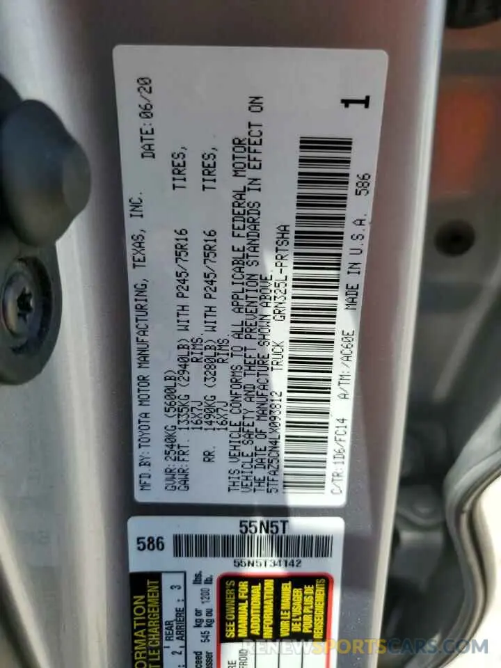 12 fotografías del automóvil dañado 5TFAZ5CN4LX093812 TOYOTA TACOMA 2020