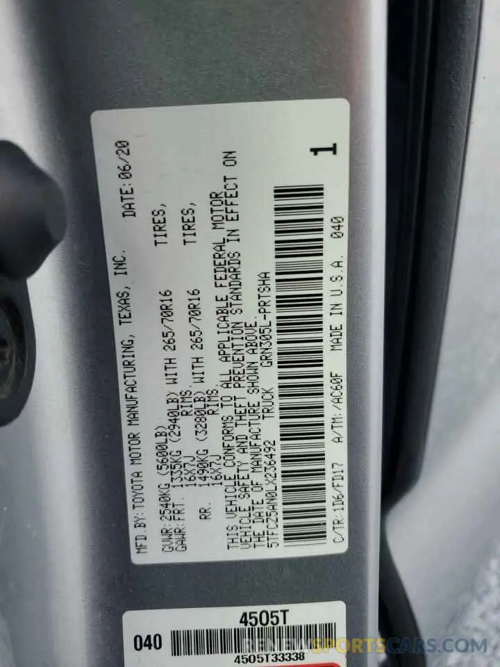 13 fotografías del automóvil dañado 5TFCZ5AN0LX236492 TOYOTA TACOMA 2020