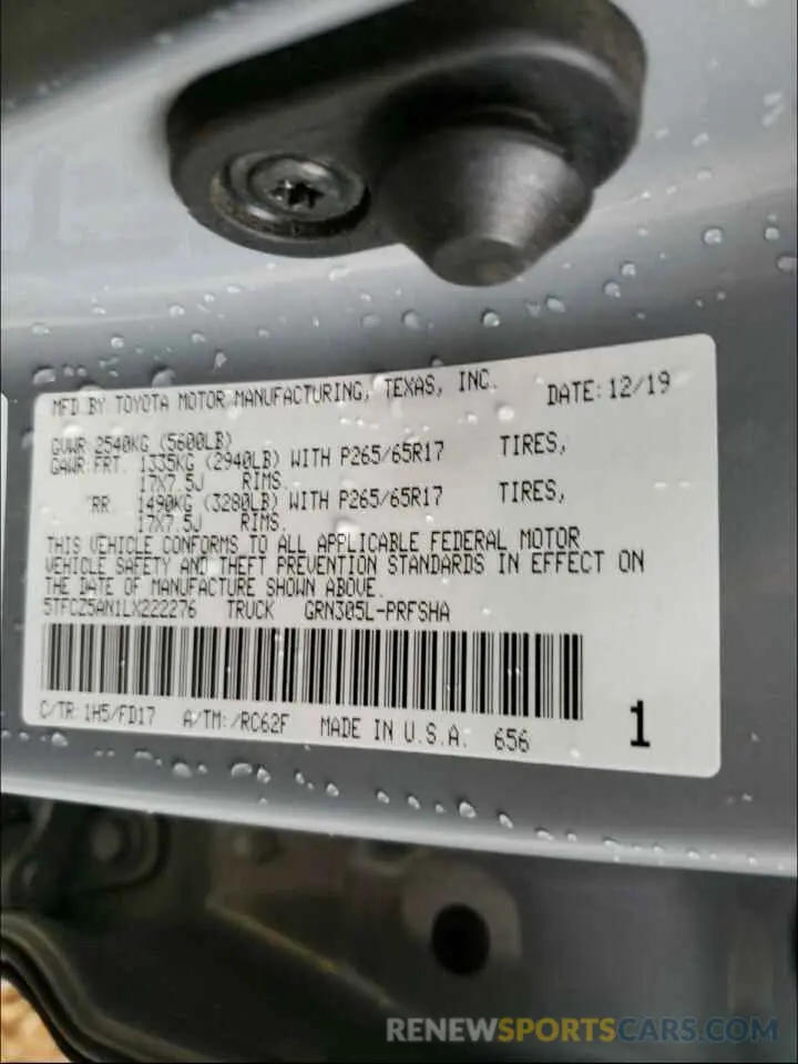 10 fotografías del automóvil dañado 5TFCZ5AN1LX222276 TOYOTA TACOMA 2020
