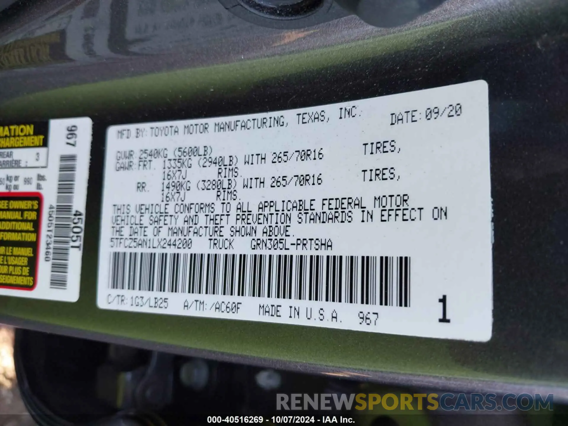 9 fotografías del automóvil dañado 5TFCZ5AN1LX244200 TOYOTA TACOMA 2020