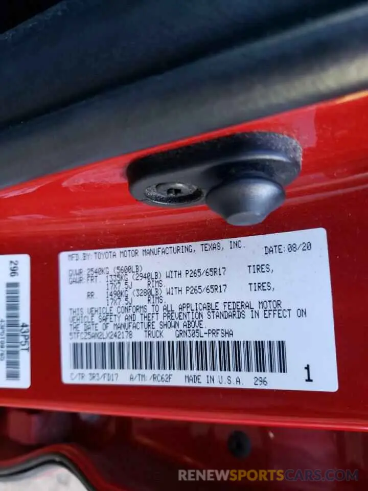 10 fotografías del automóvil dañado 5TFCZ5AN2LX242178 TOYOTA TACOMA 2020