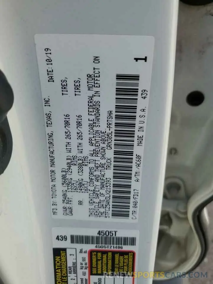 12 fotografías del automóvil dañado 5TFCZ5AN3LX215393 TOYOTA TACOMA 2020