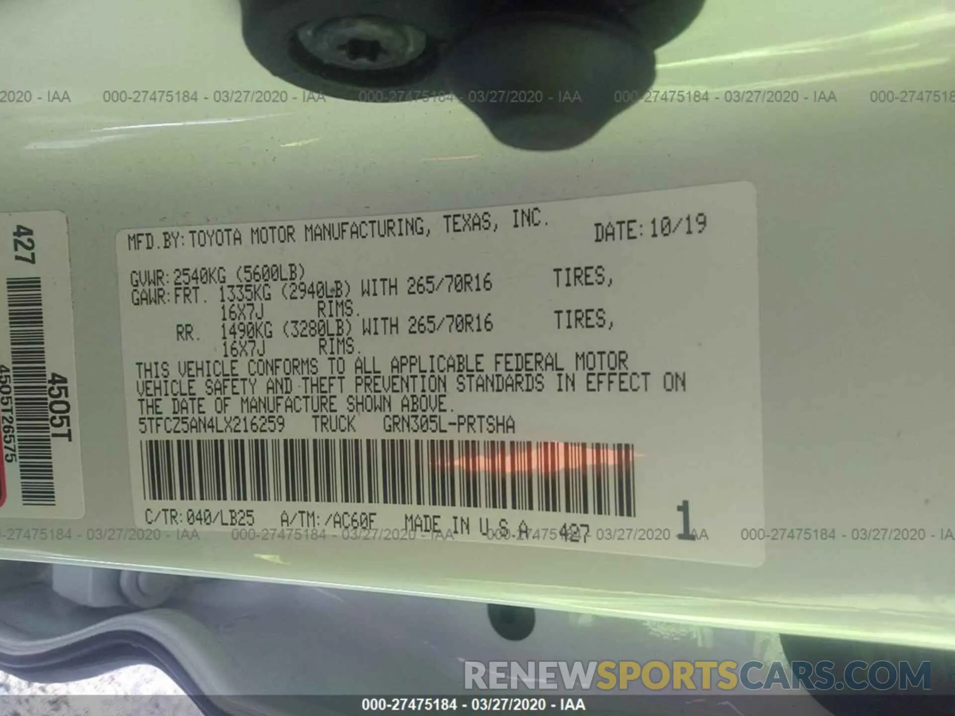 9 fotografías del automóvil dañado 5TFCZ5AN4LX216259 TOYOTA TACOMA 2020