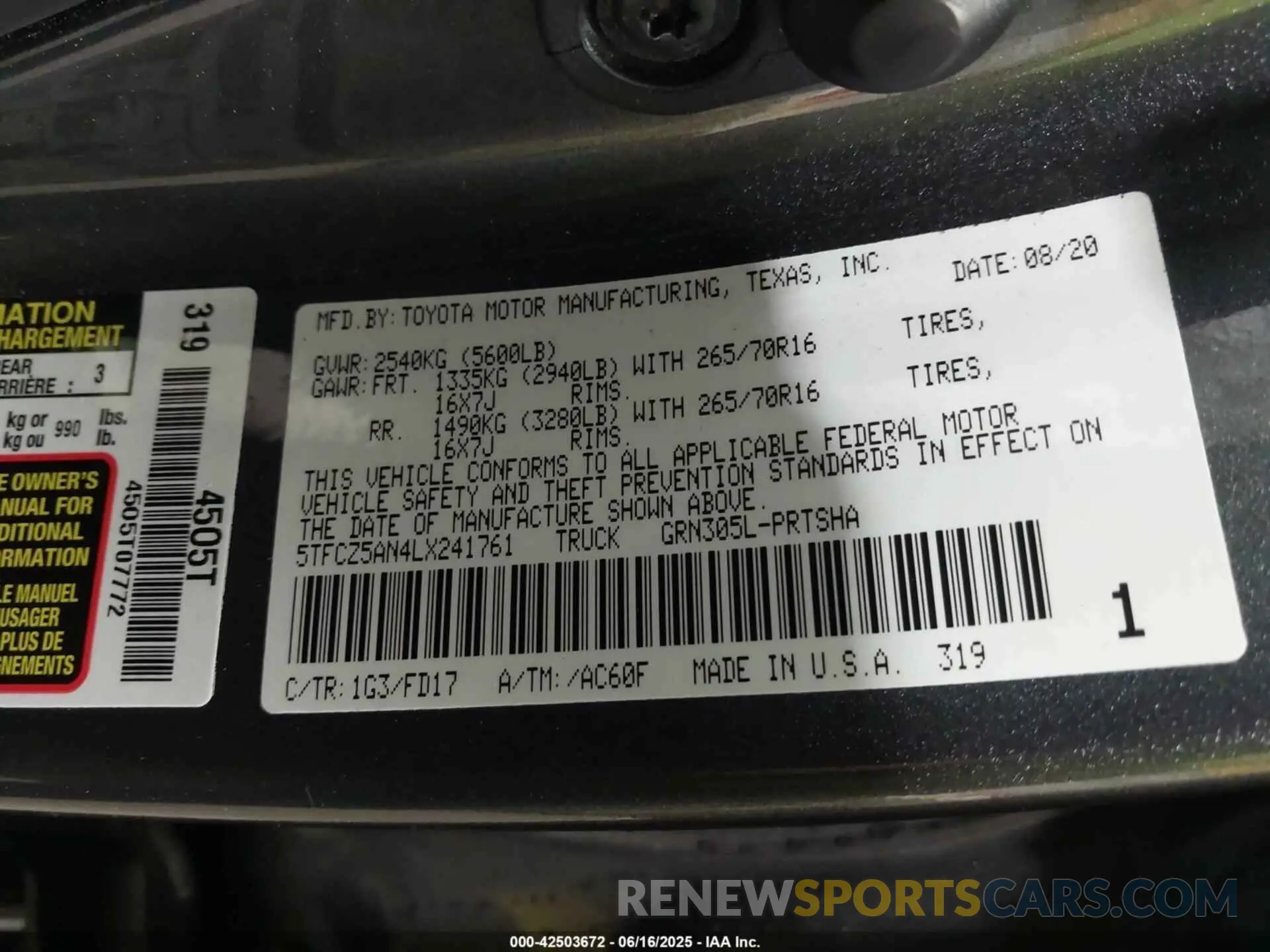 9 fotografías del automóvil dañado 5TFCZ5AN4LX241761 TOYOTA TACOMA 2020