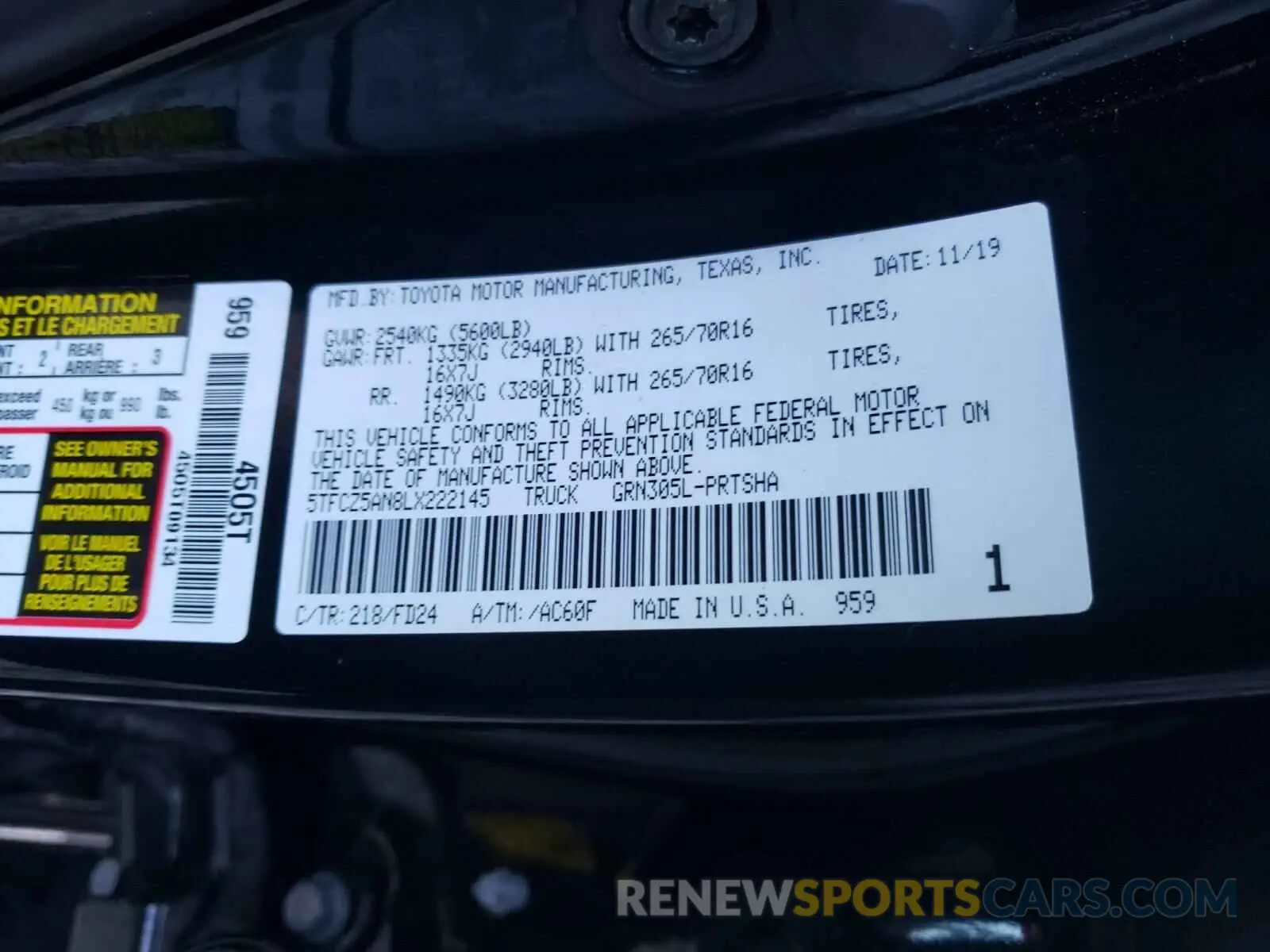 10 fotografías del automóvil dañado 5TFCZ5AN8LX222145 TOYOTA TACOMA 2020