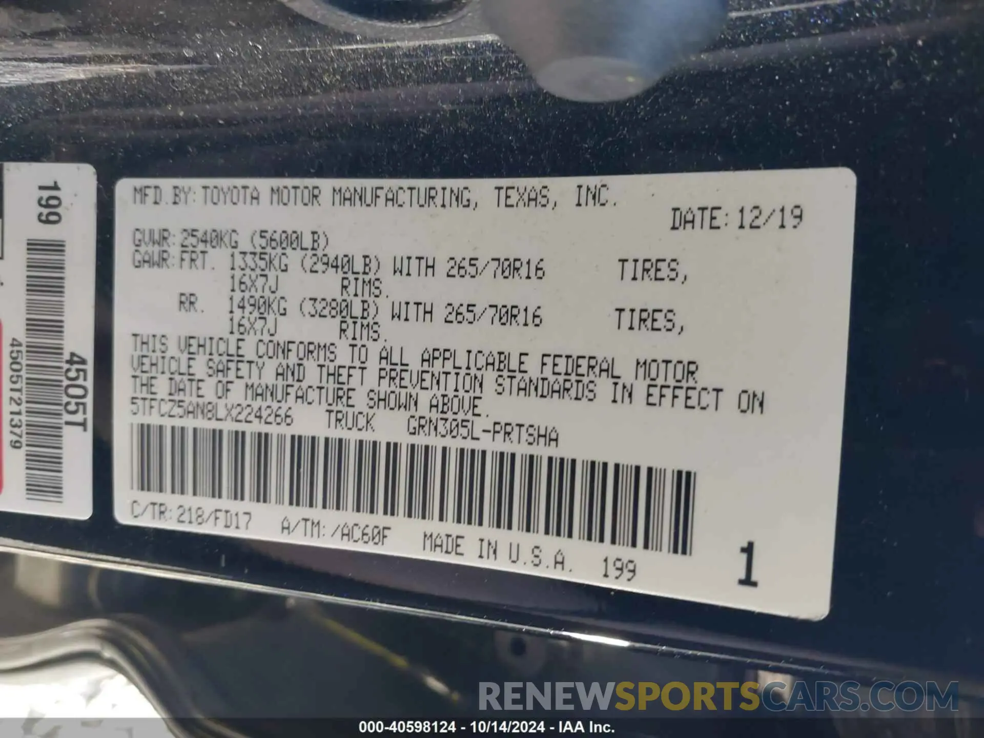 9 fotografías del automóvil dañado 5TFCZ5AN8LX224266 TOYOTA TACOMA 2020