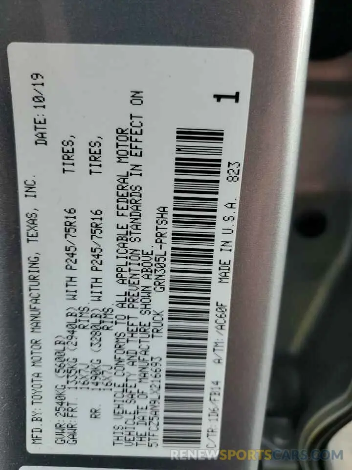 12 fotografías del automóvil dañado 5TFCZ5AN9LX216693 TOYOTA TACOMA 2020