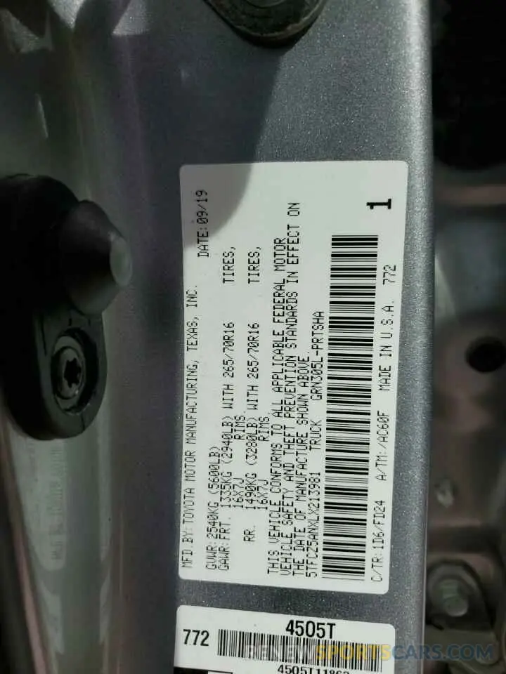 13 fotografías del automóvil dañado 5TFCZ5ANXLX213981 TOYOTA TACOMA 2020