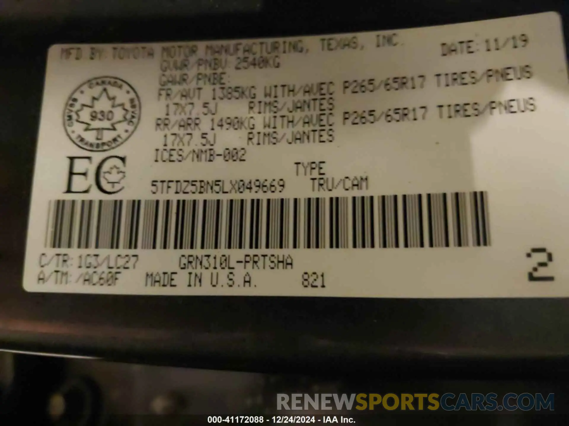 9 fotografías del automóvil dañado 5TFDZ5BN5LX049669 TOYOTA TACOMA 2020