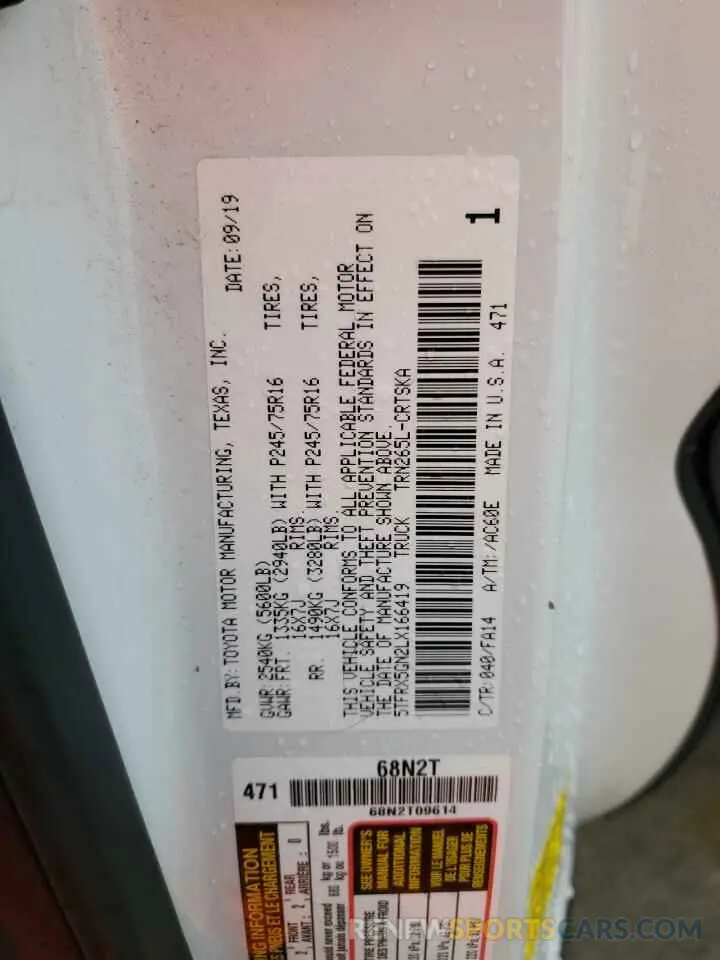 12 fotografías del automóvil dañado 5TFRX5GN2LX166419 TOYOTA TACOMA 2020