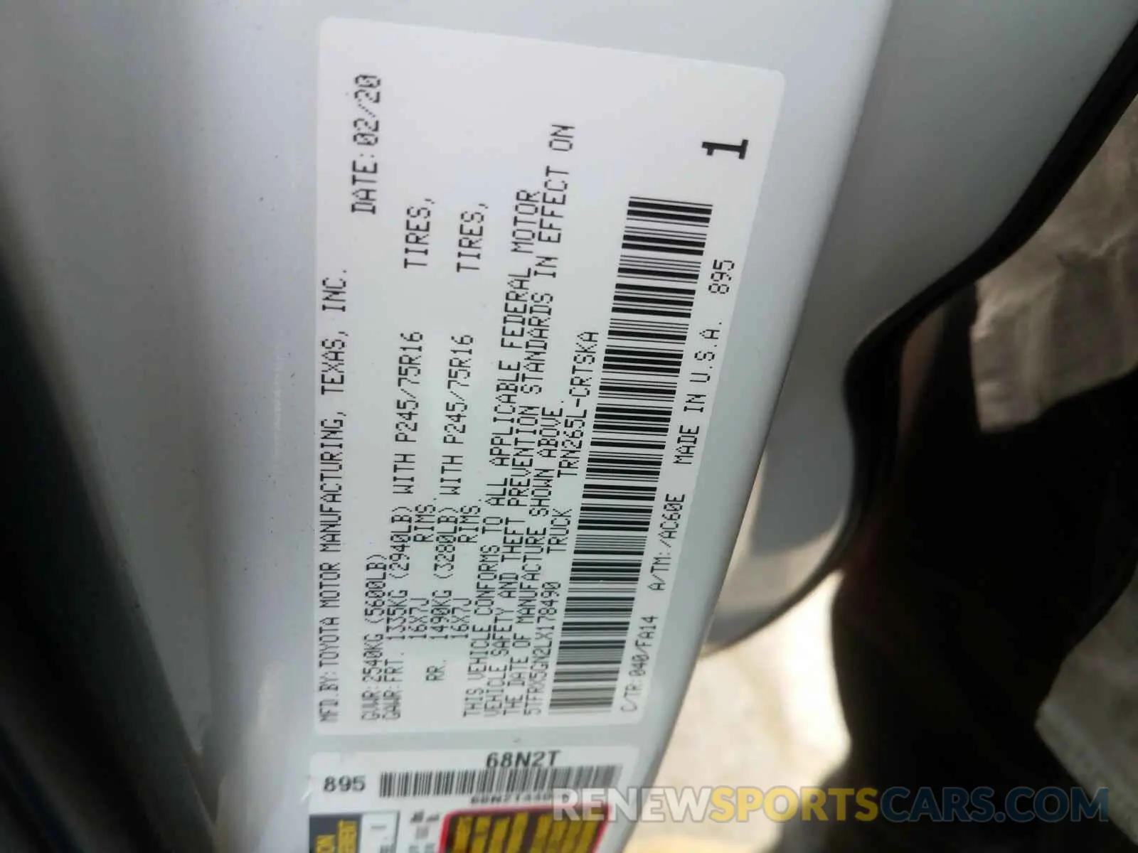 10 fotografías del automóvil dañado 5TFRX5GN2LX178490 TOYOTA TACOMA 2020