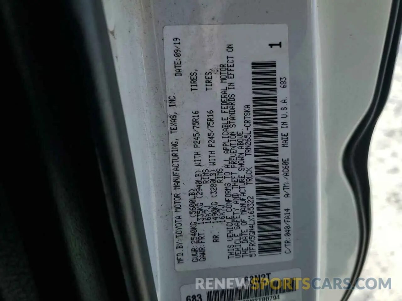 12 fotografías del automóvil dañado 5TFRX5GN4LX165322 TOYOTA TACOMA 2020