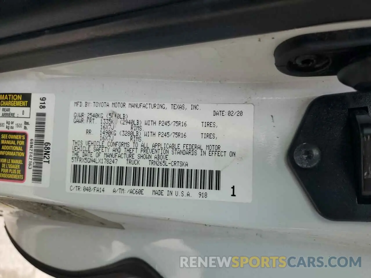 12 fotografías del automóvil dañado 5TFRX5GN4LX178247 TOYOTA TACOMA 2020