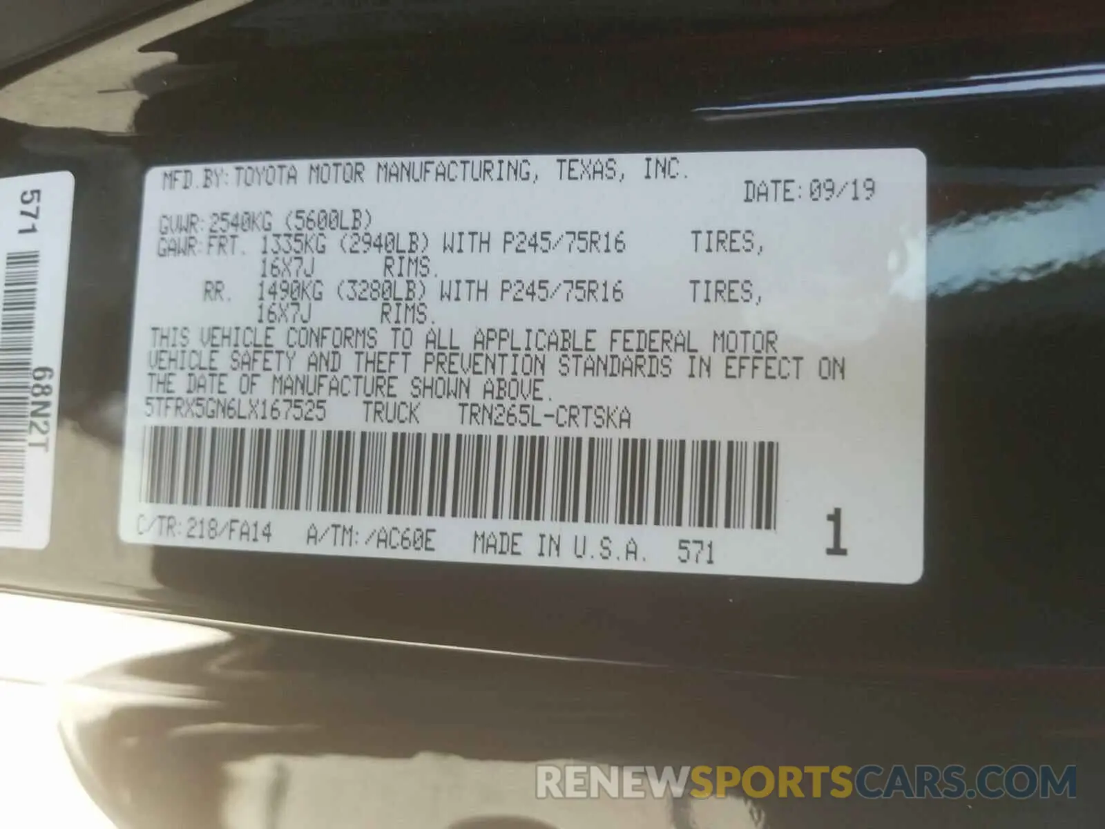 10 fotografías del automóvil dañado 5TFRX5GN6LX167525 TOYOTA TACOMA 2020