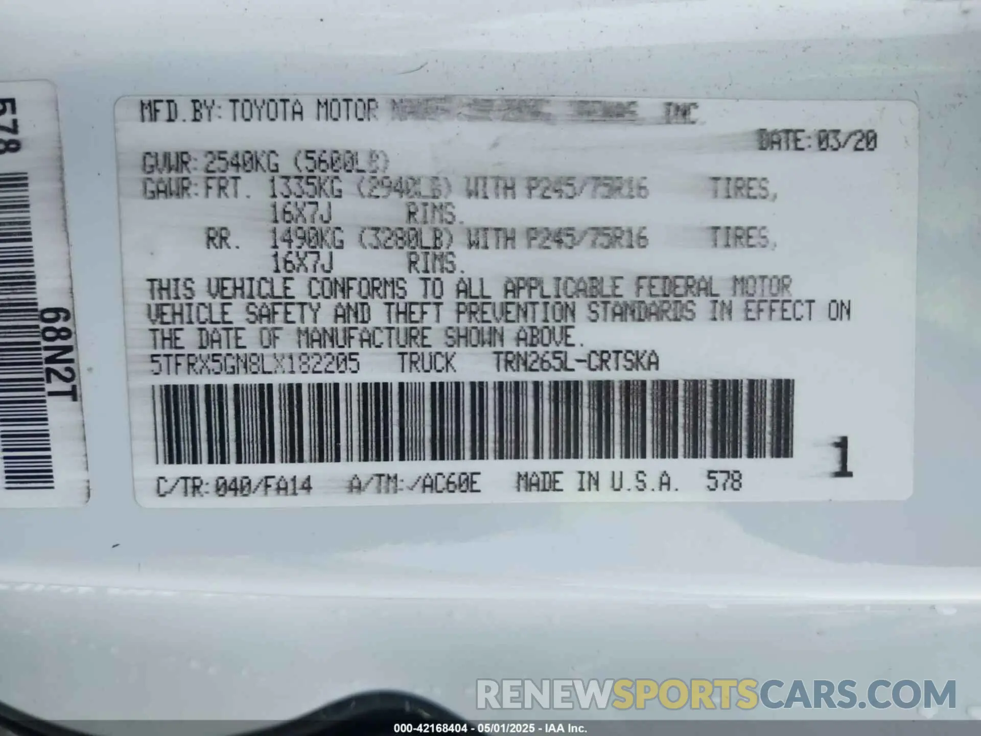 9 fotografías del automóvil dañado 5TFRX5GN8LX182205 TOYOTA TACOMA 2020