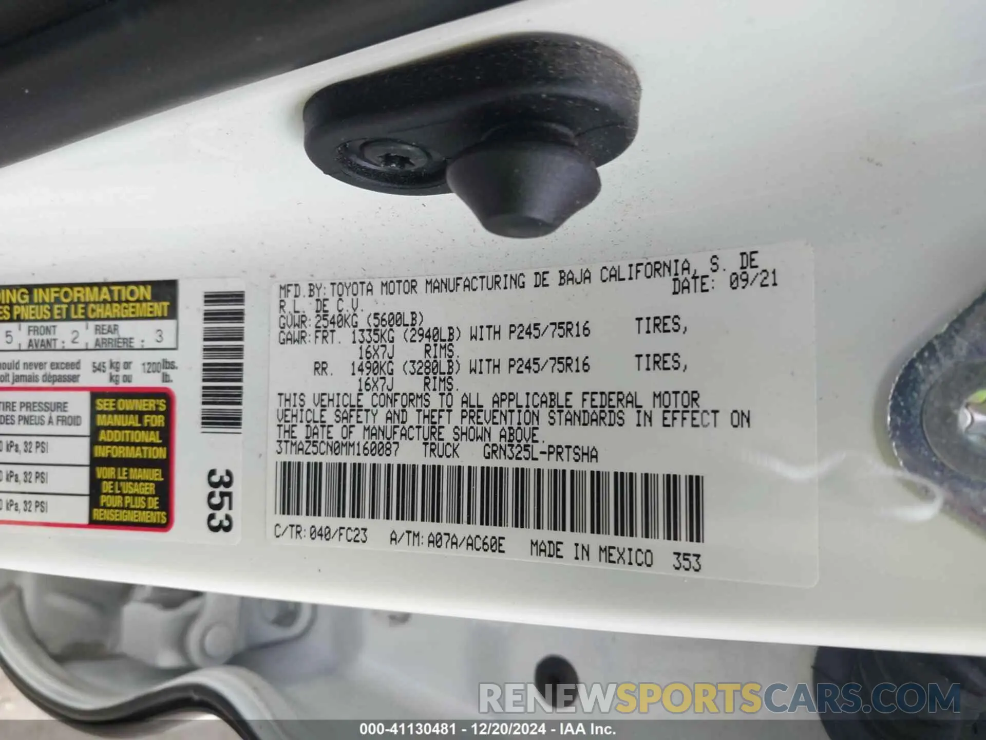 9 fotografías del automóvil dañado 3TMAZ5CN0MM160087 TOYOTA TACOMA 2021