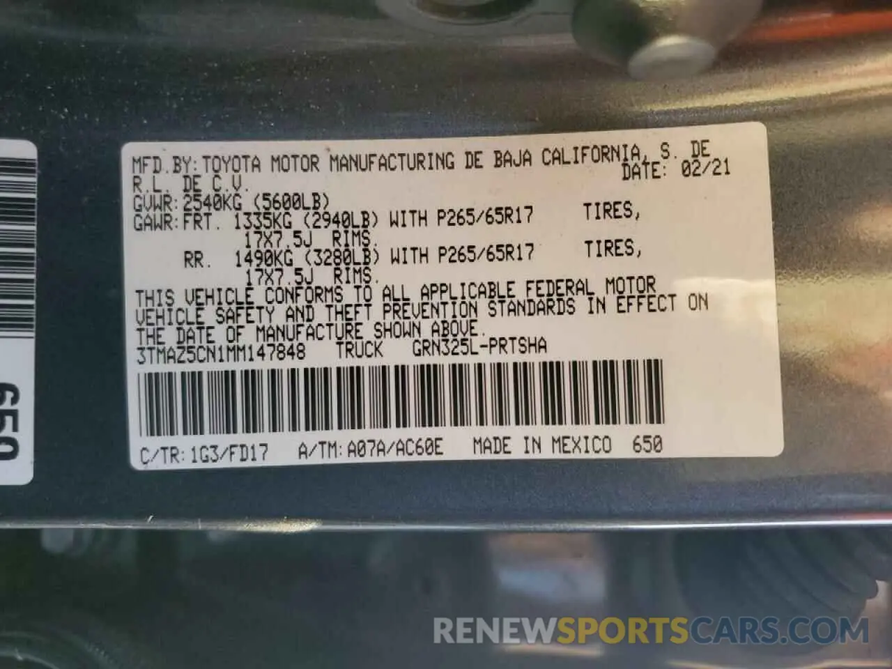 12 fotografías del automóvil dañado 3TMAZ5CN1MM147848 TOYOTA TACOMA 2021