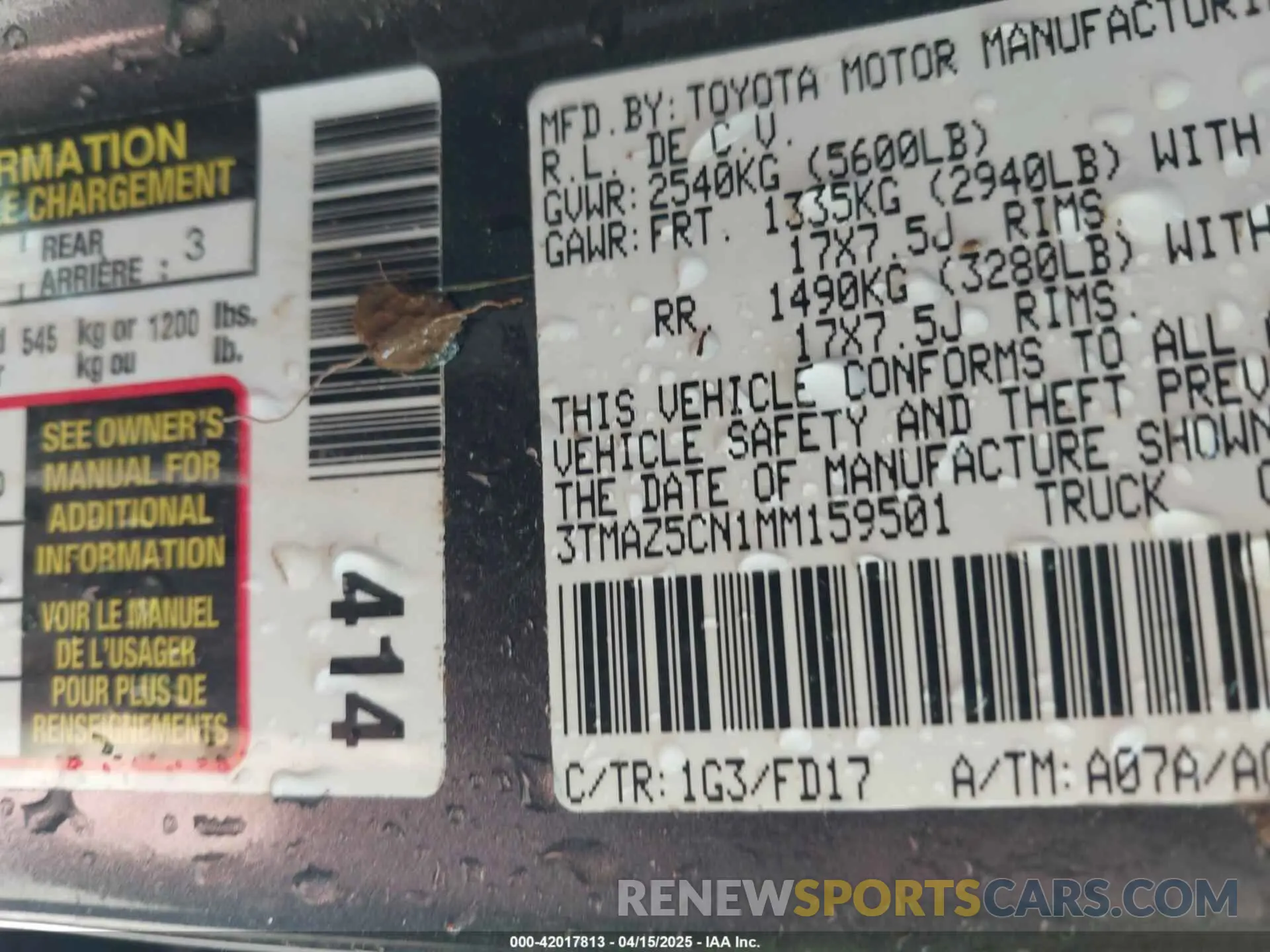 9 fotografías del automóvil dañado 3TMAZ5CN1MM159501 TOYOTA TACOMA 2021