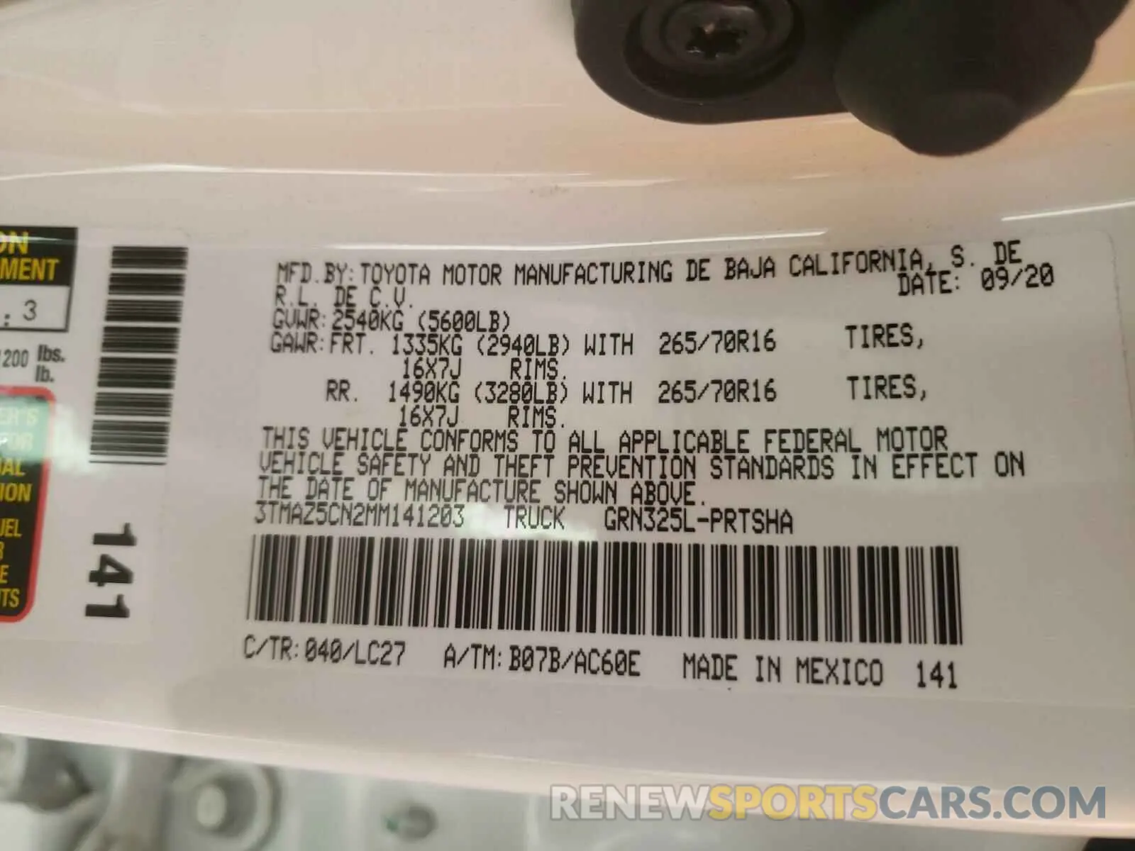 10 fotografías del automóvil dañado 3TMAZ5CN2MM141203 TOYOTA TACOMA 2021