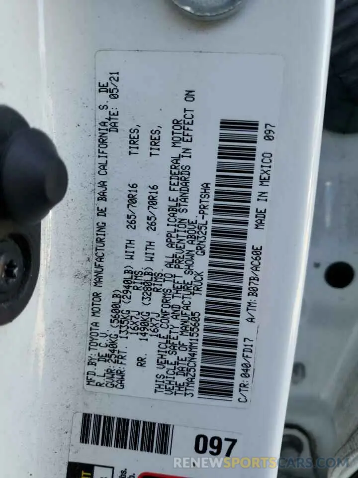 12 fotografías del automóvil dañado 3TMAZ5CN4MM155605 TOYOTA TACOMA 2021
