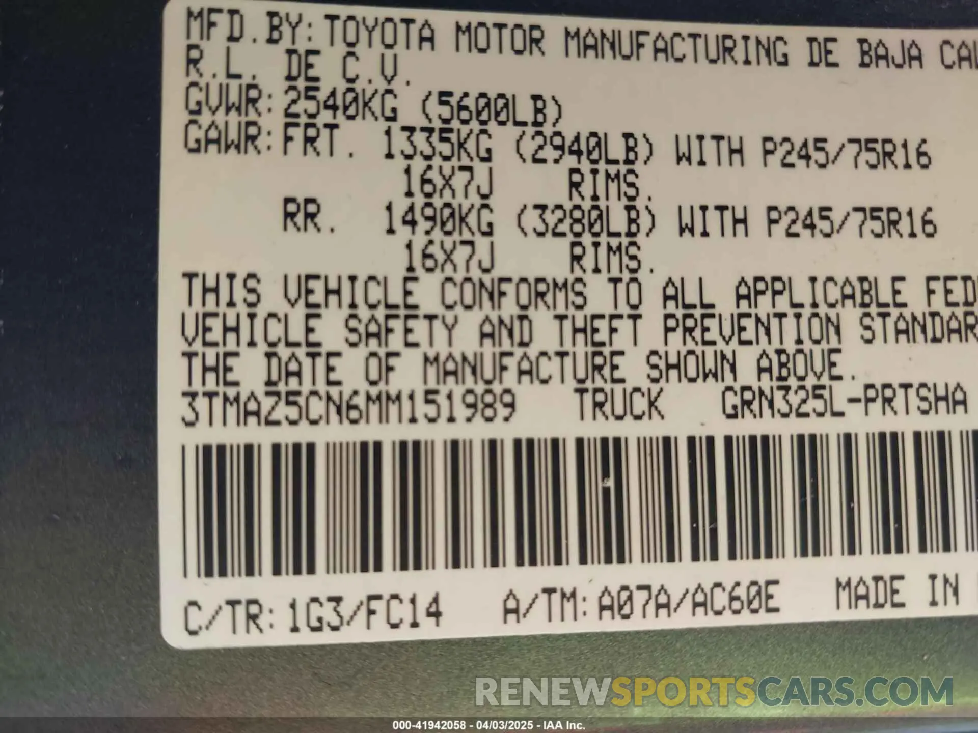 9 fotografías del automóvil dañado 3TMAZ5CN6MM151989 TOYOTA TACOMA 2021