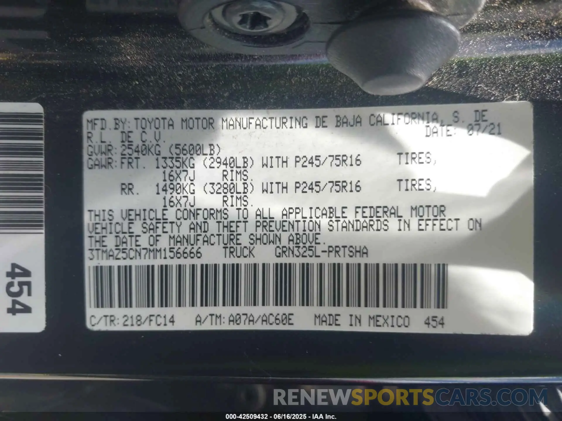 9 fotografías del automóvil dañado 3TMAZ5CN7MM156666 TOYOTA TACOMA 2021
