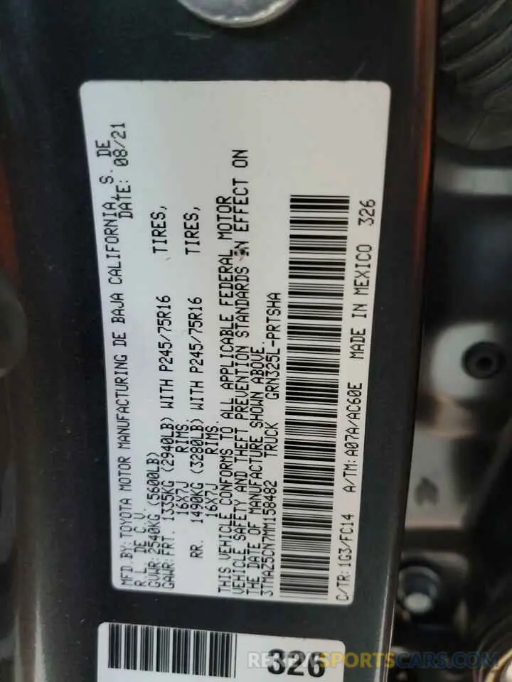 12 fotografías del automóvil dañado 3TMAZ5CN7MM158482 TOYOTA TACOMA 2021