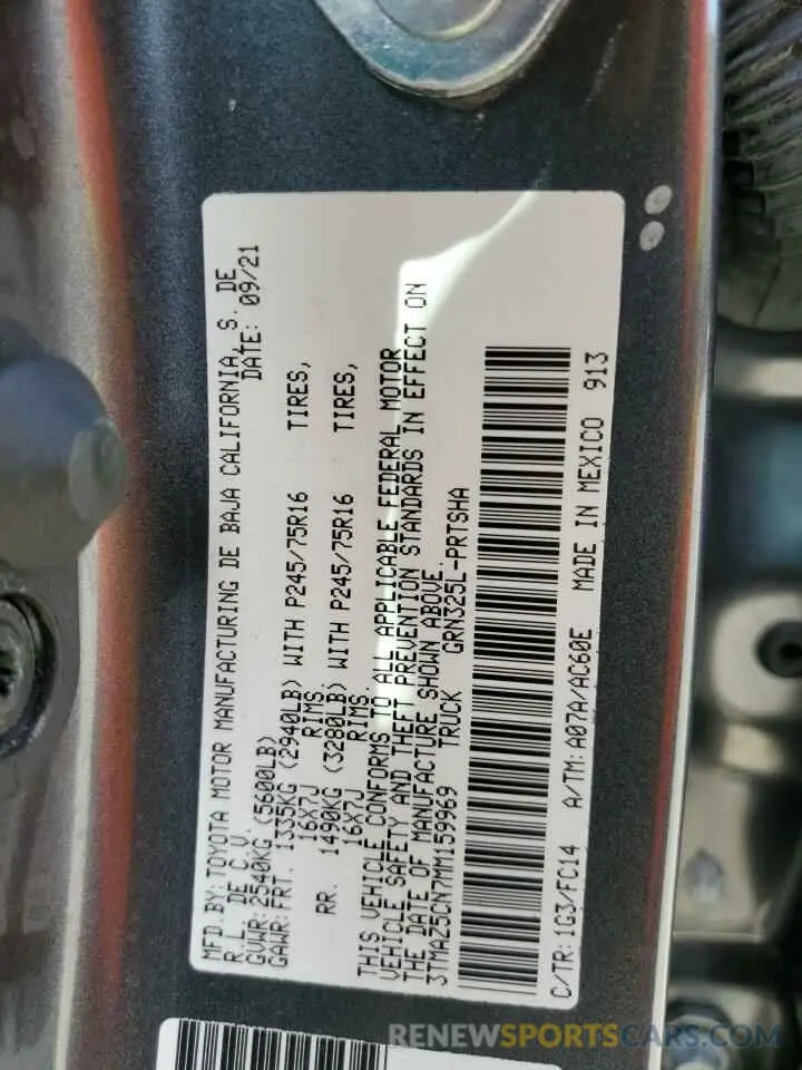 12 fotografías del automóvil dañado 3TMAZ5CN7MM159969 TOYOTA TACOMA 2021