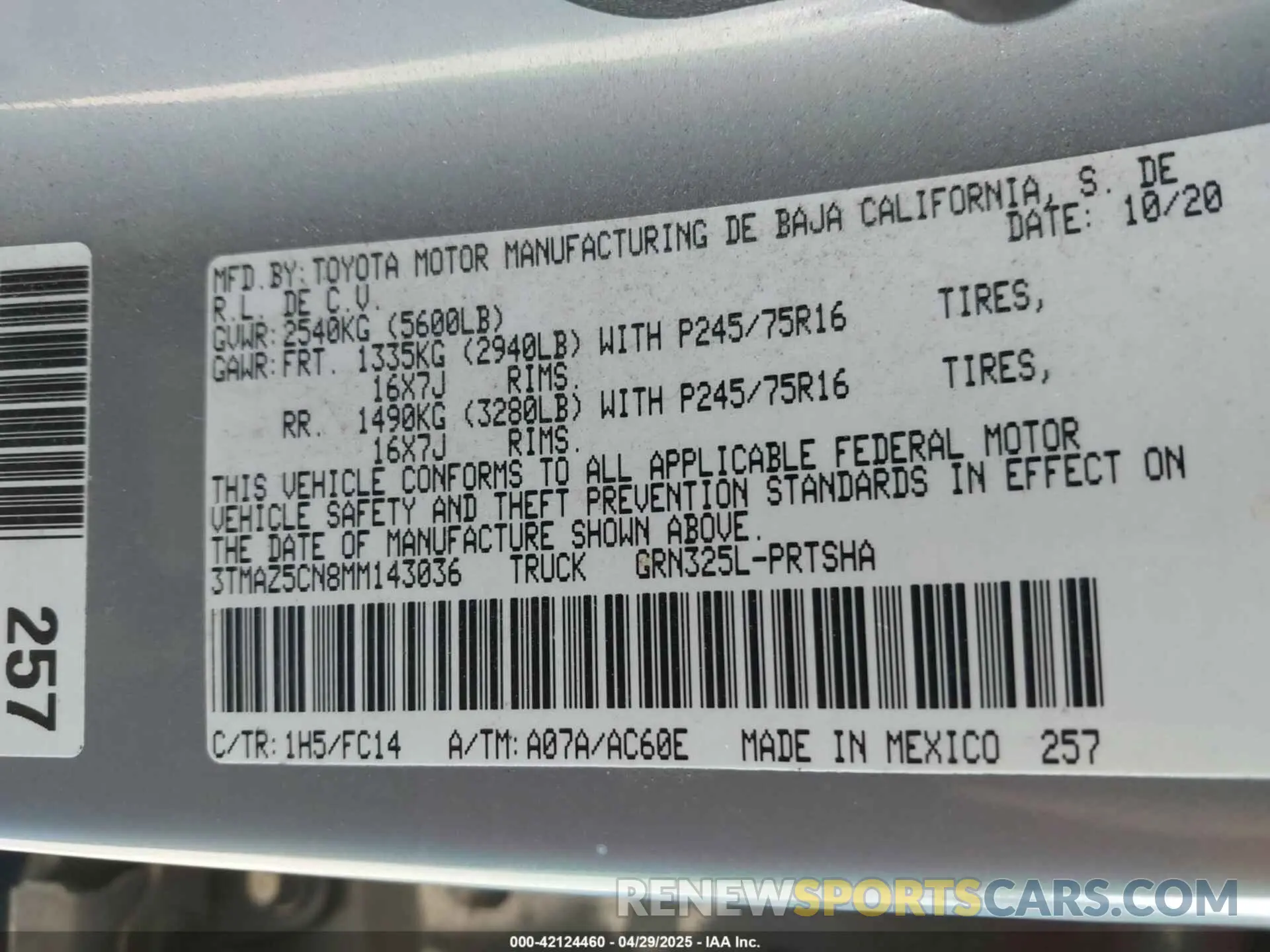 9 fotografías del automóvil dañado 3TMAZ5CN8MM143036 TOYOTA TACOMA 2021