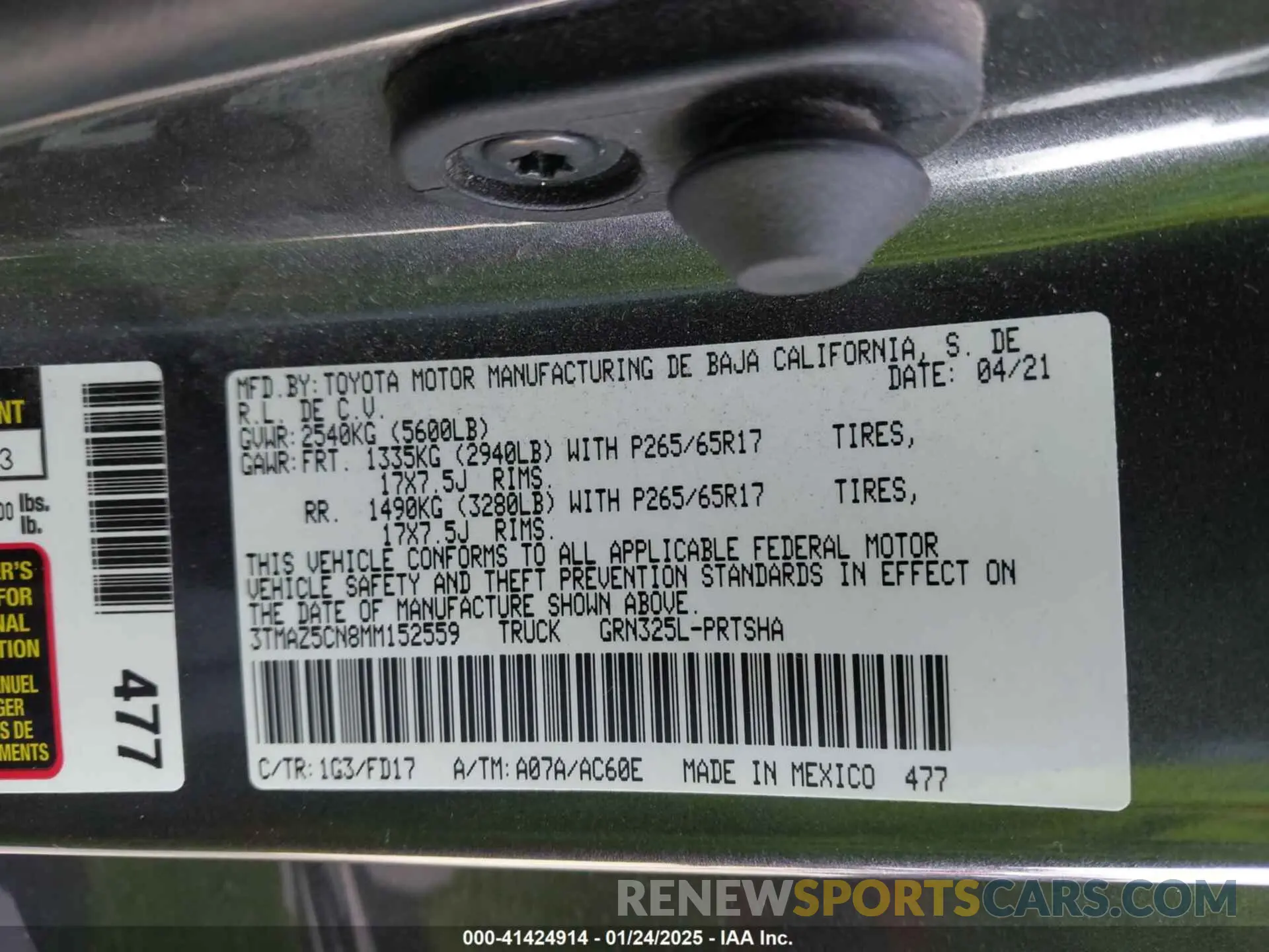 9 fotografías del automóvil dañado 3TMAZ5CN8MM152559 TOYOTA TACOMA 2021