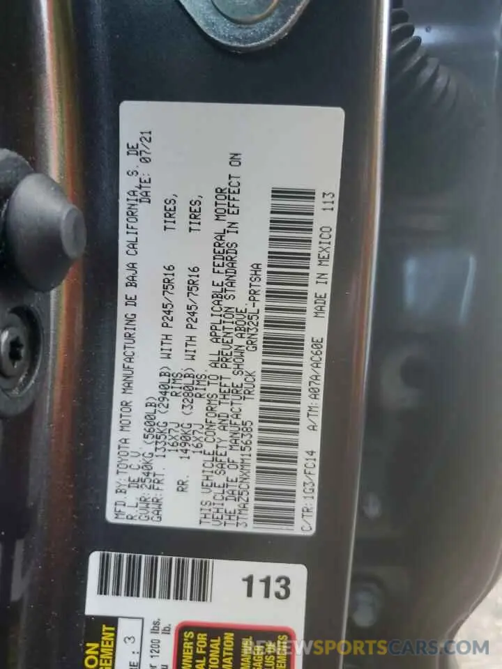 14 fotografías del automóvil dañado 3TMAZ5CNXMM156385 TOYOTA TACOMA 2021