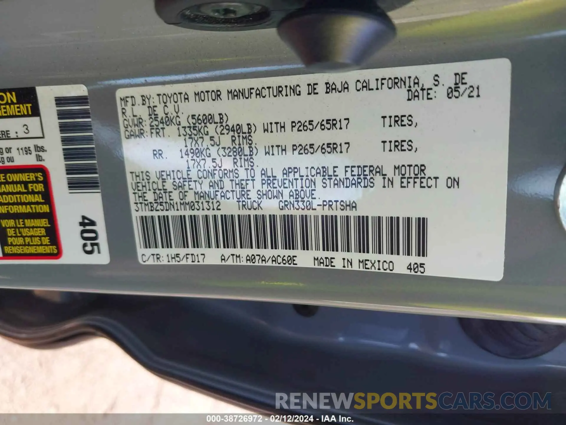 9 fotografías del automóvil dañado 3TMBZ5DN1MM031312 TOYOTA TACOMA 2021