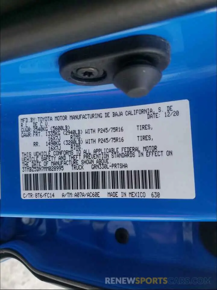 10 fotografías del automóvil dañado 3TMBZ5DN7MM028995 TOYOTA TACOMA 2021