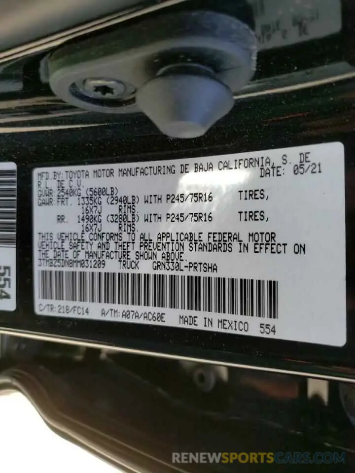 10 fotografías del automóvil dañado 3TMBZ5DN8MM031209 TOYOTA TACOMA 2021