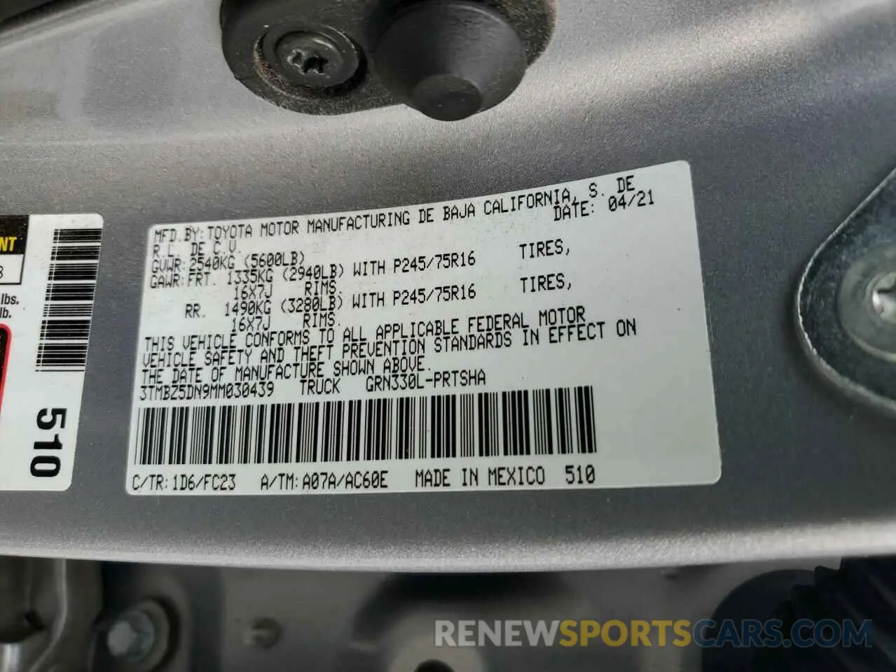 13 fotografías del automóvil dañado 3TMBZ5DN9MM030439 TOYOTA TACOMA 2021