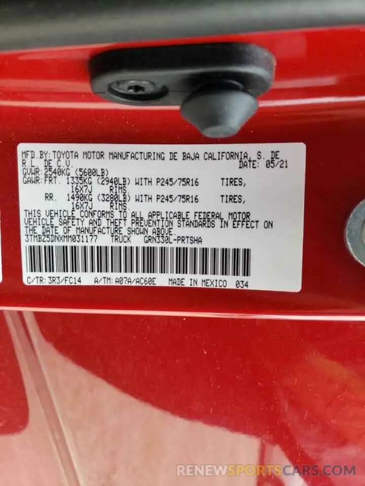 10 fotografías del automóvil dañado 3TMBZ5DNXMM031177 TOYOTA TACOMA 2021