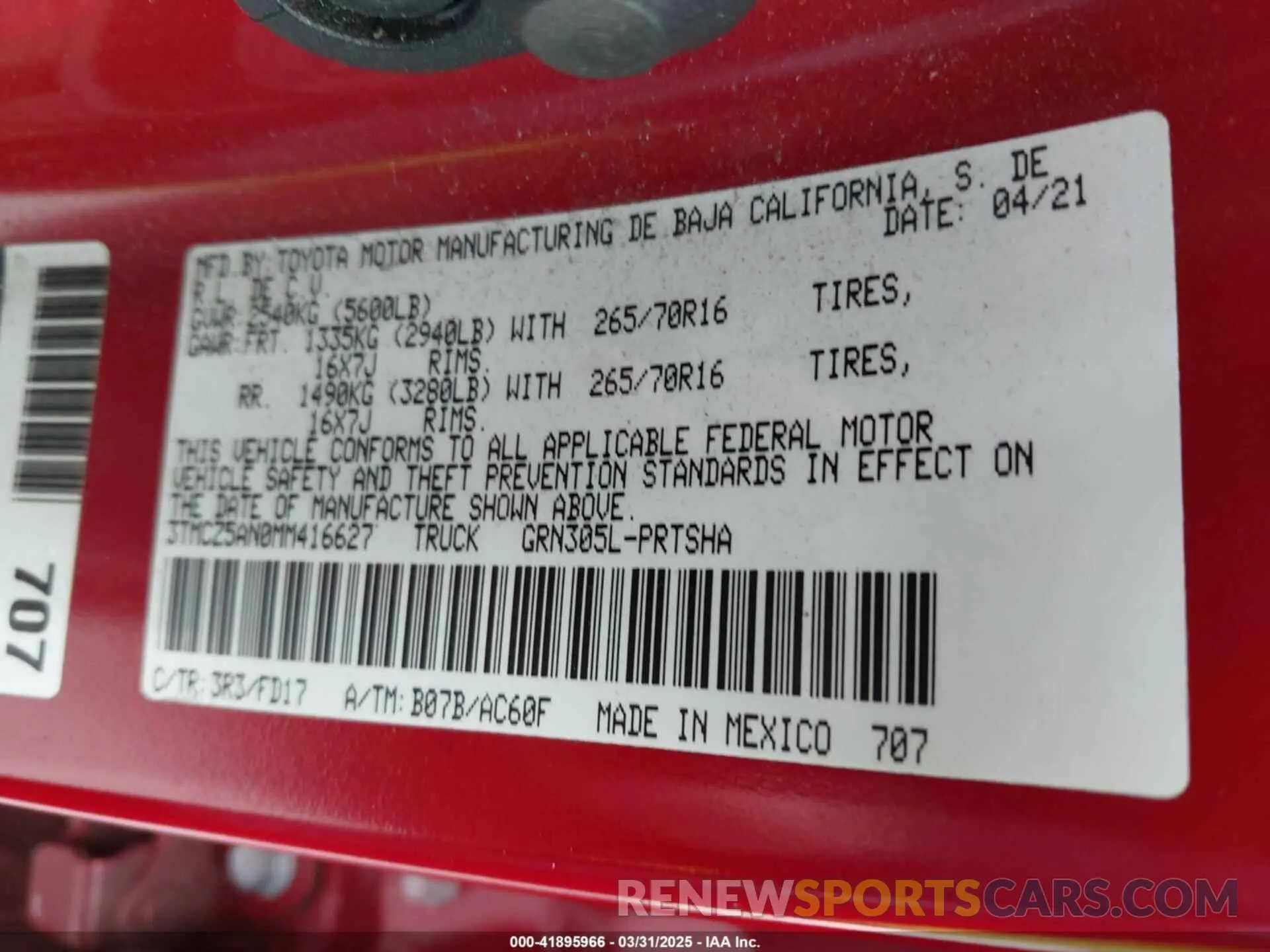 9 fotografías del automóvil dañado 3TMCZ5AN0MM416627 TOYOTA TACOMA 2021
