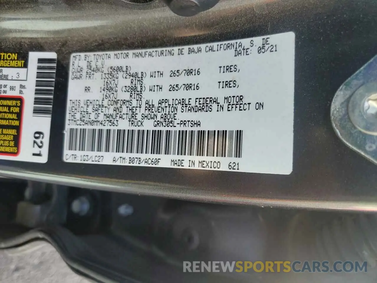 13 fotografías del automóvil dañado 3TMCZ5AN0MM427563 TOYOTA TACOMA 2021